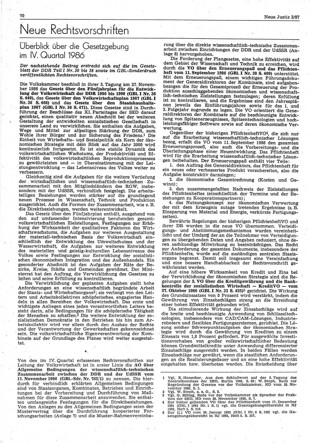 Neue Justiz (NJ), Zeitschrift für sozialistisches Recht und Gesetzlichkeit [Deutsche Demokratische Republik (DDR)], 41. Jahrgang 1987, Seite 70 (NJ DDR 1987, S. 70)