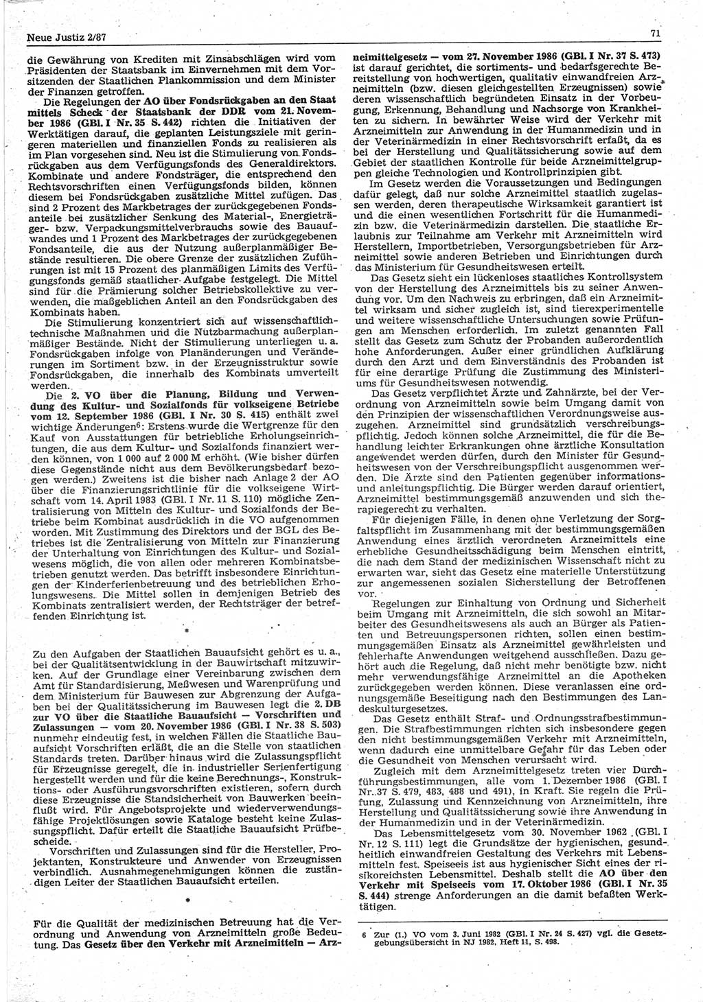 Neue Justiz (NJ), Zeitschrift für sozialistisches Recht und Gesetzlichkeit [Deutsche Demokratische Republik (DDR)], 41. Jahrgang 1987, Seite 71 (NJ DDR 1987, S. 71)