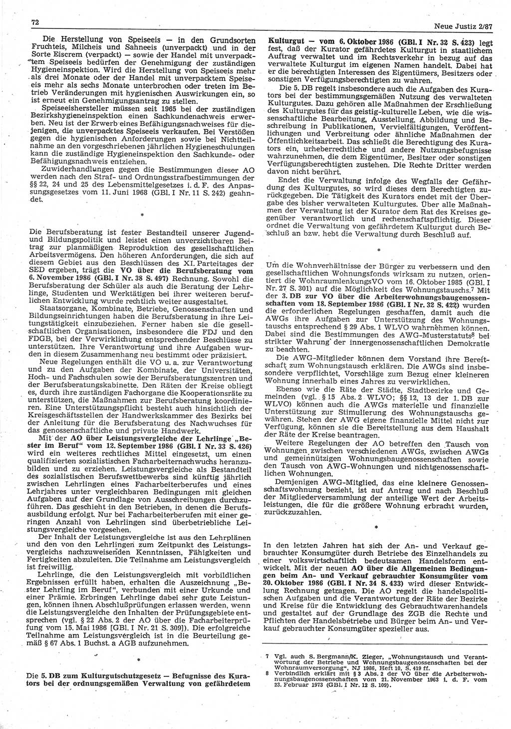 Neue Justiz (NJ), Zeitschrift für sozialistisches Recht und Gesetzlichkeit [Deutsche Demokratische Republik (DDR)], 41. Jahrgang 1987, Seite 72 (NJ DDR 1987, S. 72)