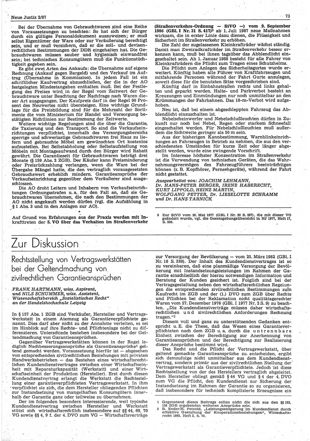 Neue Justiz (NJ), Zeitschrift für sozialistisches Recht und Gesetzlichkeit [Deutsche Demokratische Republik (DDR)], 41. Jahrgang 1987, Seite 73 (NJ DDR 1987, S. 73)