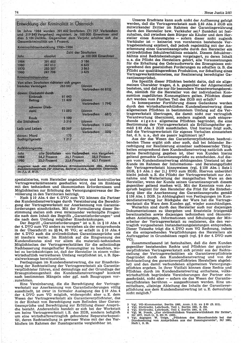 Neue Justiz (NJ), Zeitschrift für sozialistisches Recht und Gesetzlichkeit [Deutsche Demokratische Republik (DDR)], 41. Jahrgang 1987, Seite 74 (NJ DDR 1987, S. 74)