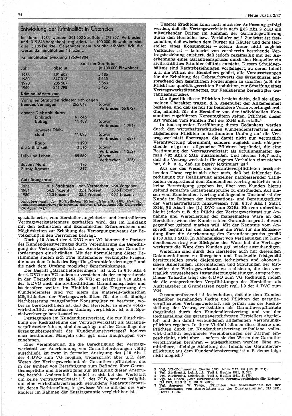 Neue Justiz (NJ), Zeitschrift für sozialistisches Recht und Gesetzlichkeit [Deutsche Demokratische Republik (DDR)], 41. Jahrgang 1987, Seite 74 (NJ DDR 1987, S. 74)
