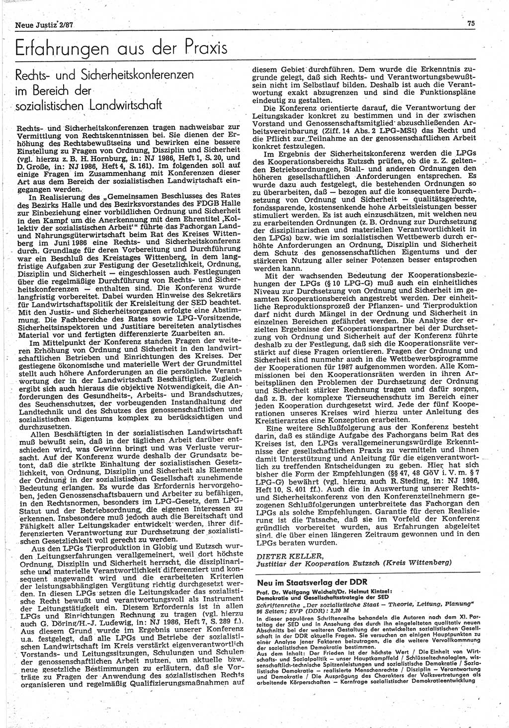 Neue Justiz (NJ), Zeitschrift für sozialistisches Recht und Gesetzlichkeit [Deutsche Demokratische Republik (DDR)], 41. Jahrgang 1987, Seite 75 (NJ DDR 1987, S. 75)