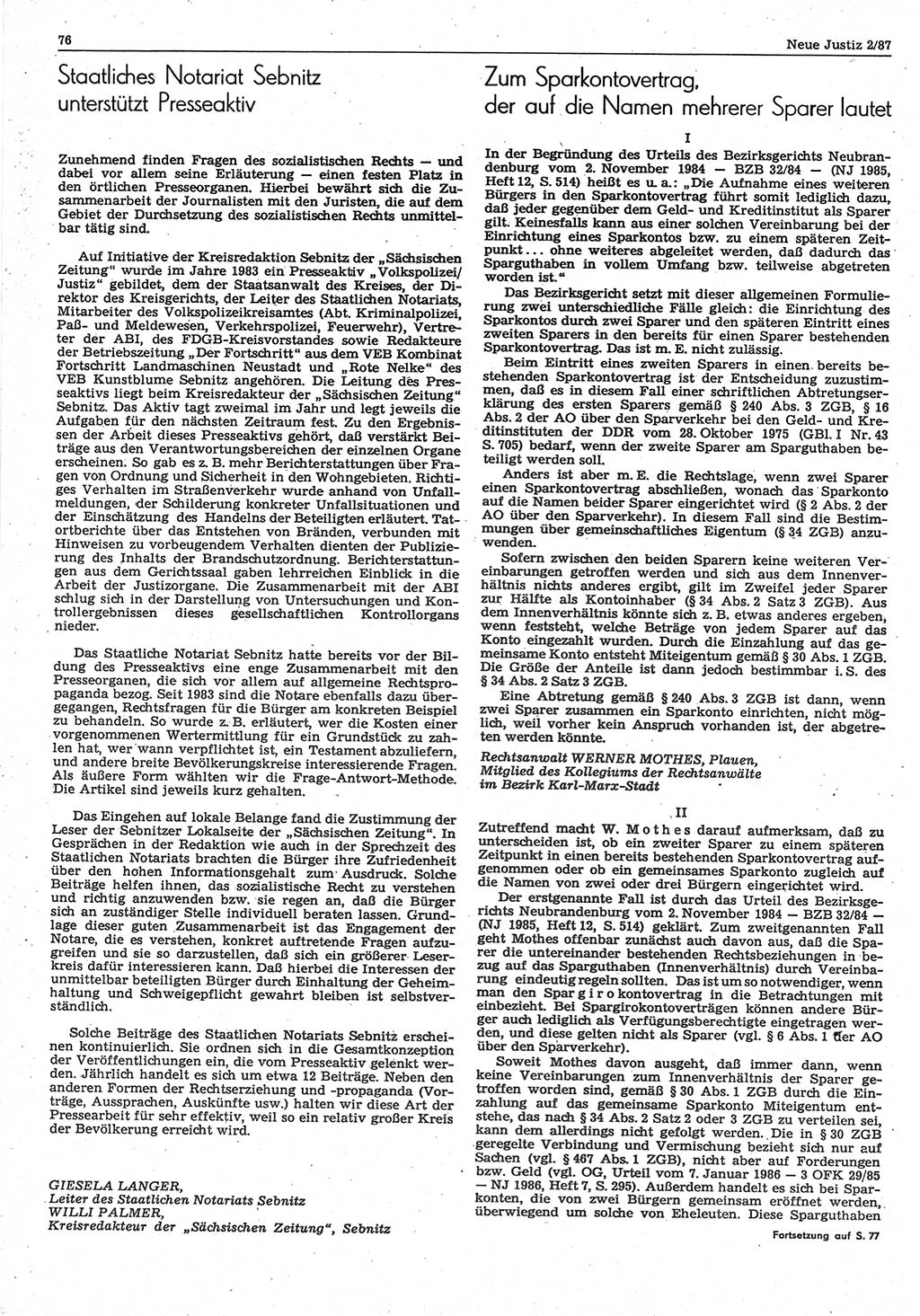 Neue Justiz (NJ), Zeitschrift für sozialistisches Recht und Gesetzlichkeit [Deutsche Demokratische Republik (DDR)], 41. Jahrgang 1987, Seite 76 (NJ DDR 1987, S. 76)