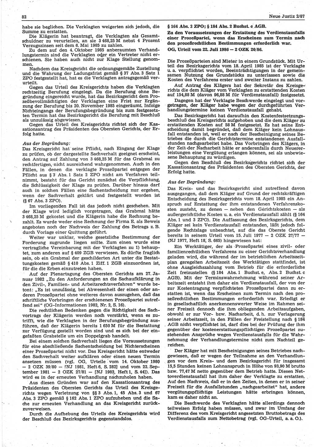 Neue Justiz (NJ), Zeitschrift für sozialistisches Recht und Gesetzlichkeit [Deutsche Demokratische Republik (DDR)], 41. Jahrgang 1987, Seite 82 (NJ DDR 1987, S. 82)