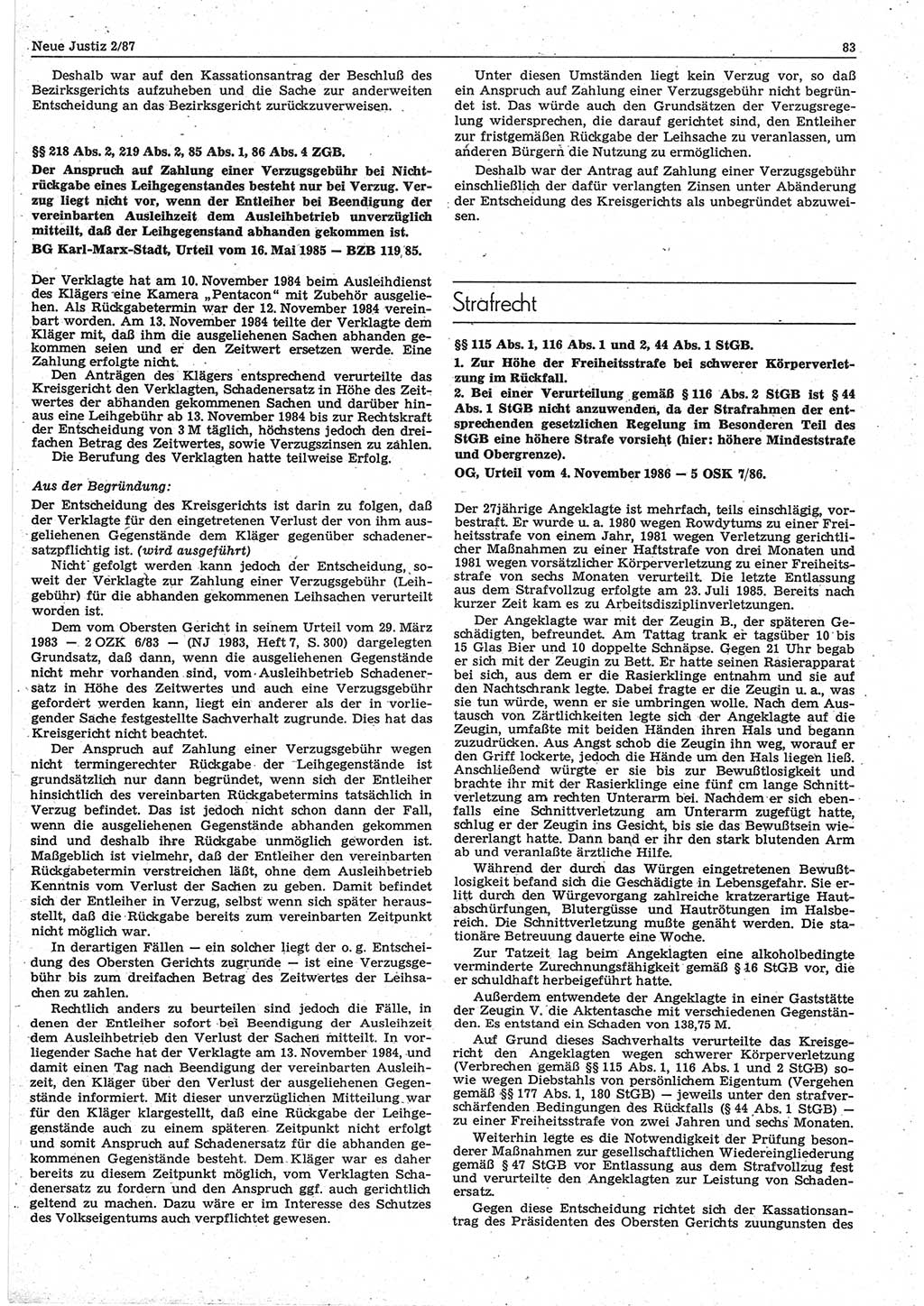 Neue Justiz (NJ), Zeitschrift für sozialistisches Recht und Gesetzlichkeit [Deutsche Demokratische Republik (DDR)], 41. Jahrgang 1987, Seite 83 (NJ DDR 1987, S. 83)