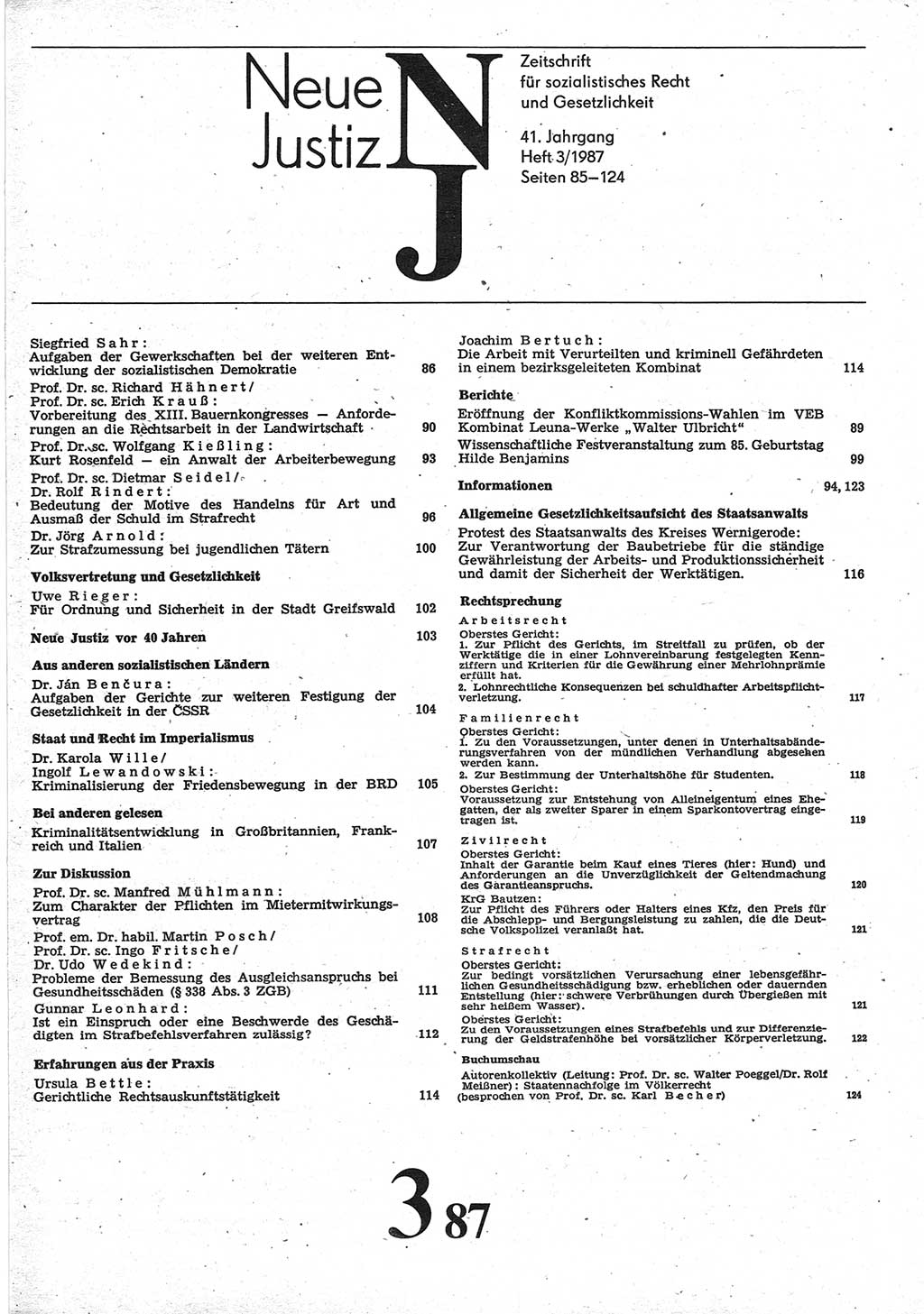Neue Justiz (NJ), Zeitschrift für sozialistisches Recht und Gesetzlichkeit [Deutsche Demokratische Republik (DDR)], 41. Jahrgang 1987, Seite 85 (NJ DDR 1987, S. 85)
