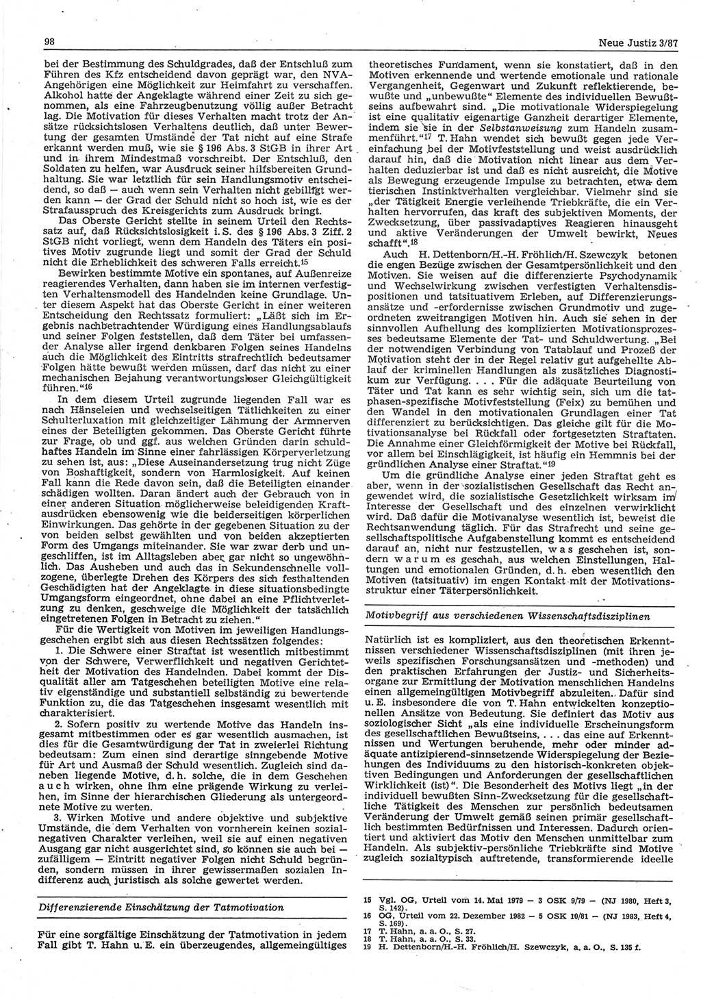 Neue Justiz (NJ), Zeitschrift für sozialistisches Recht und Gesetzlichkeit [Deutsche Demokratische Republik (DDR)], 41. Jahrgang 1987, Seite 98 (NJ DDR 1987, S. 98)