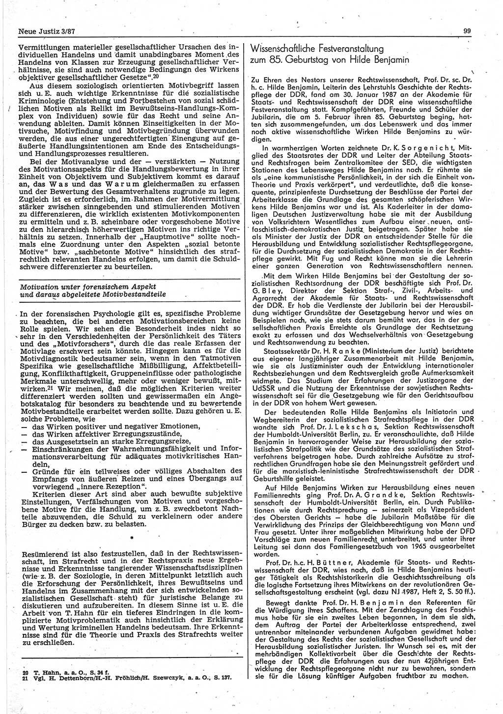 Neue Justiz (NJ), Zeitschrift für sozialistisches Recht und Gesetzlichkeit [Deutsche Demokratische Republik (DDR)], 41. Jahrgang 1987, Seite 99 (NJ DDR 1987, S. 99)