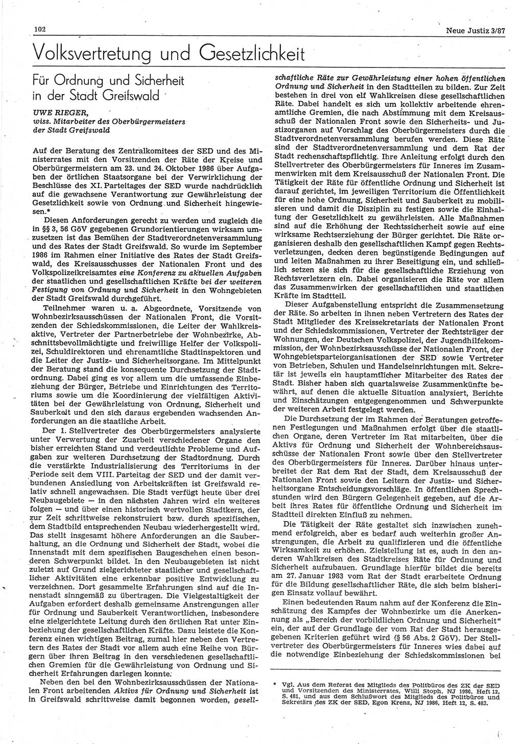 Neue Justiz (NJ), Zeitschrift für sozialistisches Recht und Gesetzlichkeit [Deutsche Demokratische Republik (DDR)], 41. Jahrgang 1987, Seite 102 (NJ DDR 1987, S. 102)