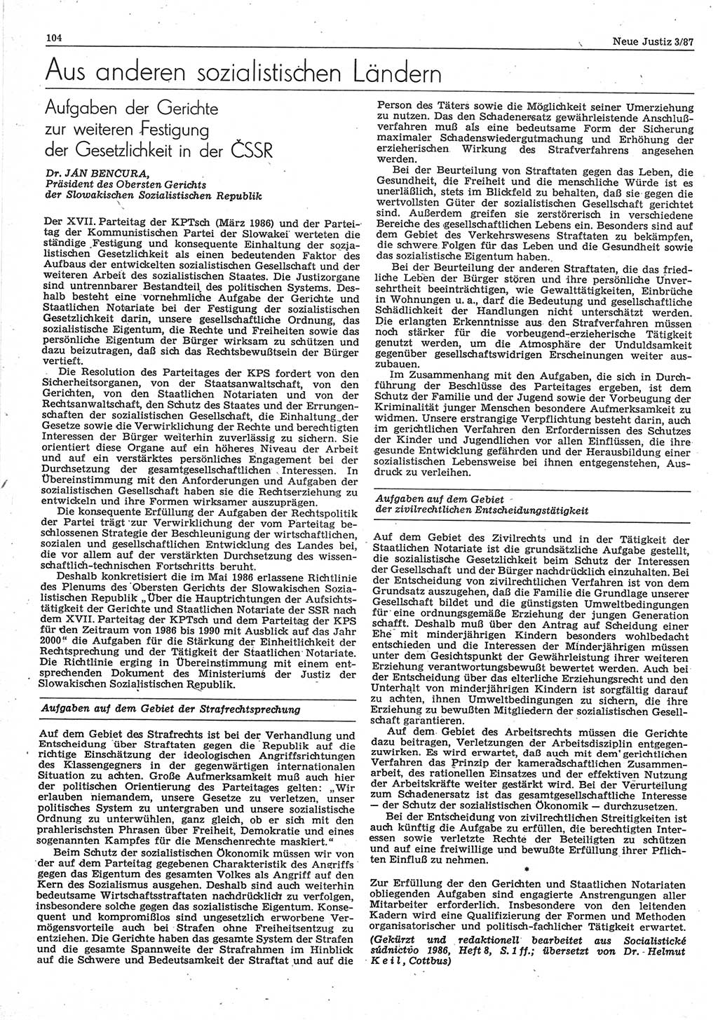 Neue Justiz (NJ), Zeitschrift für sozialistisches Recht und Gesetzlichkeit [Deutsche Demokratische Republik (DDR)], 41. Jahrgang 1987, Seite 104 (NJ DDR 1987, S. 104)