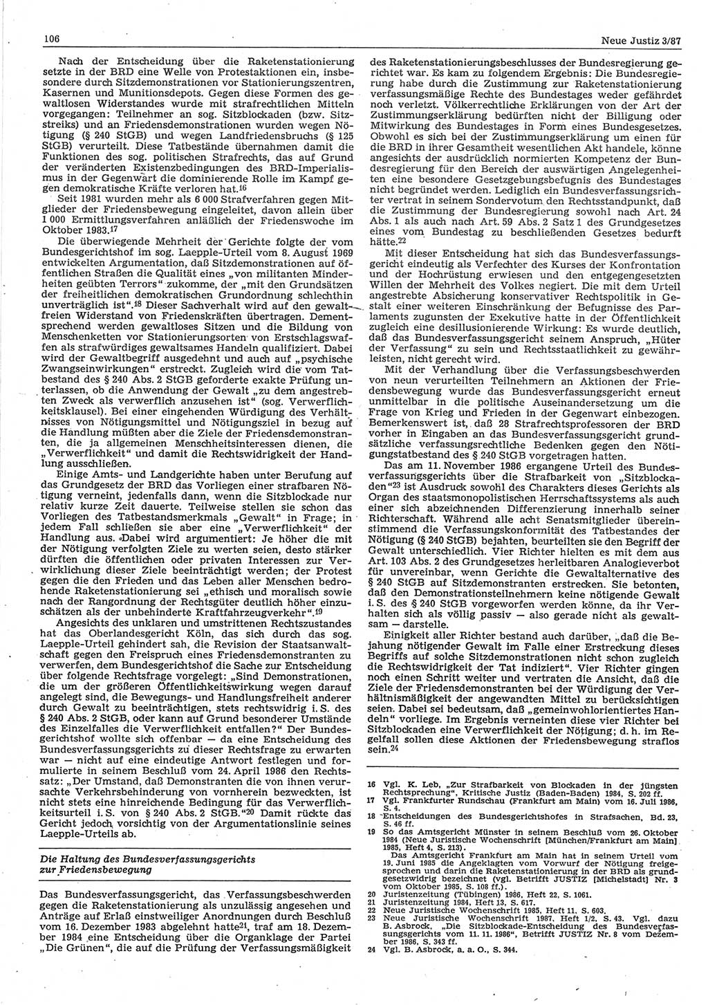 Neue Justiz (NJ), Zeitschrift für sozialistisches Recht und Gesetzlichkeit [Deutsche Demokratische Republik (DDR)], 41. Jahrgang 1987, Seite 106 (NJ DDR 1987, S. 106)