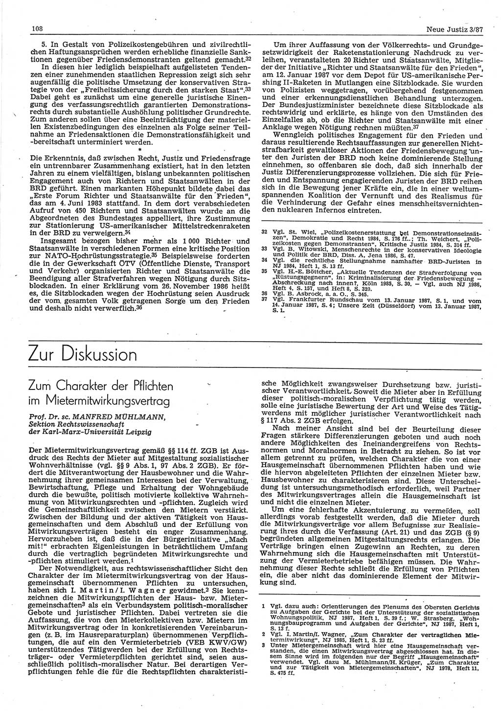 Neue Justiz (NJ), Zeitschrift für sozialistisches Recht und Gesetzlichkeit [Deutsche Demokratische Republik (DDR)], 41. Jahrgang 1987, Seite 108 (NJ DDR 1987, S. 108)