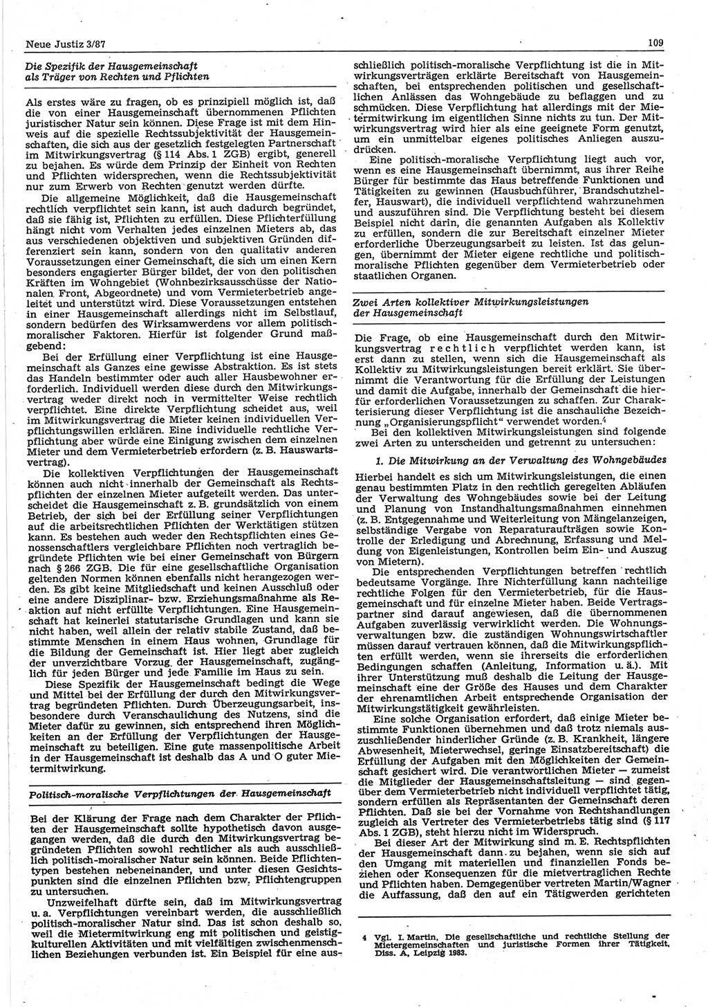 Neue Justiz (NJ), Zeitschrift für sozialistisches Recht und Gesetzlichkeit [Deutsche Demokratische Republik (DDR)], 41. Jahrgang 1987, Seite 109 (NJ DDR 1987, S. 109)
