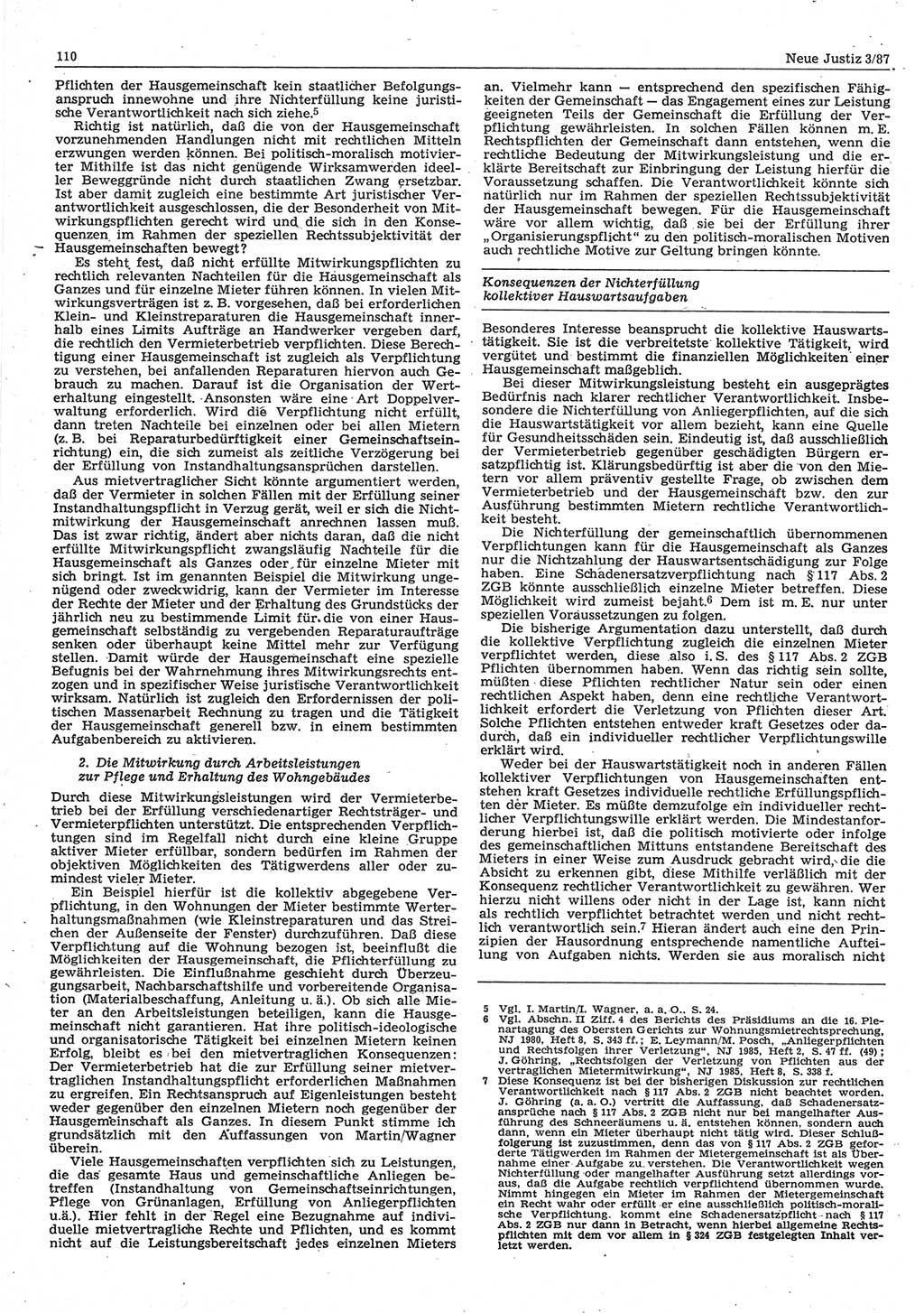 Neue Justiz (NJ), Zeitschrift für sozialistisches Recht und Gesetzlichkeit [Deutsche Demokratische Republik (DDR)], 41. Jahrgang 1987, Seite 110 (NJ DDR 1987, S. 110)