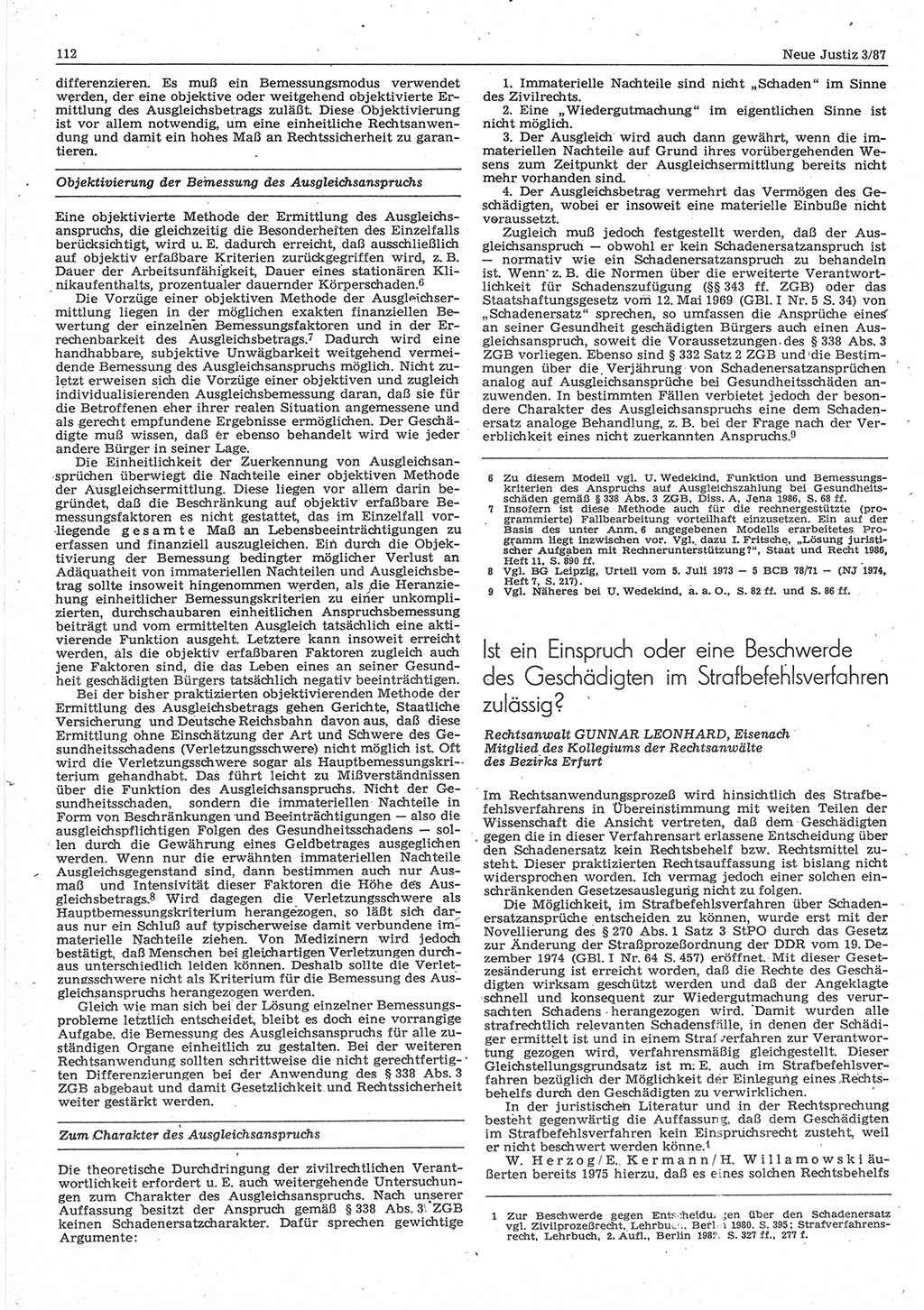 Neue Justiz (NJ), Zeitschrift für sozialistisches Recht und Gesetzlichkeit [Deutsche Demokratische Republik (DDR)], 41. Jahrgang 1987, Seite 112 (NJ DDR 1987, S. 112)