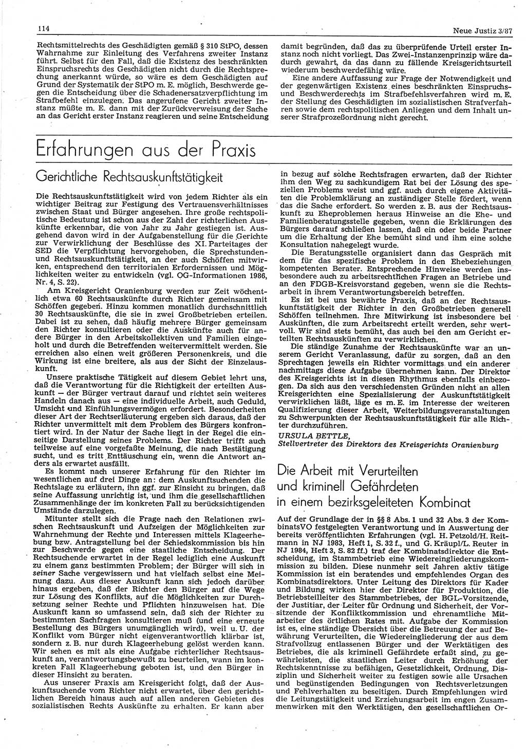 Neue Justiz (NJ), Zeitschrift für sozialistisches Recht und Gesetzlichkeit [Deutsche Demokratische Republik (DDR)], 41. Jahrgang 1987, Seite 114 (NJ DDR 1987, S. 114)