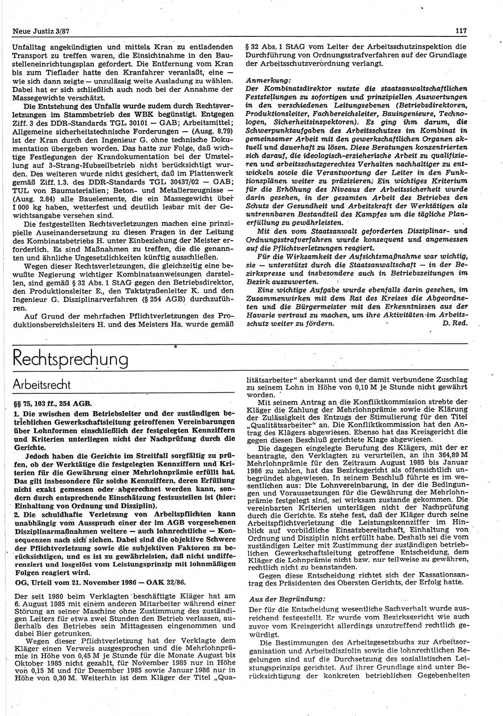 Neue Justiz (NJ), Zeitschrift für sozialistisches Recht und Gesetzlichkeit [Deutsche Demokratische Republik (DDR)], 41. Jahrgang 1987, Seite 117 (NJ DDR 1987, S. 117)