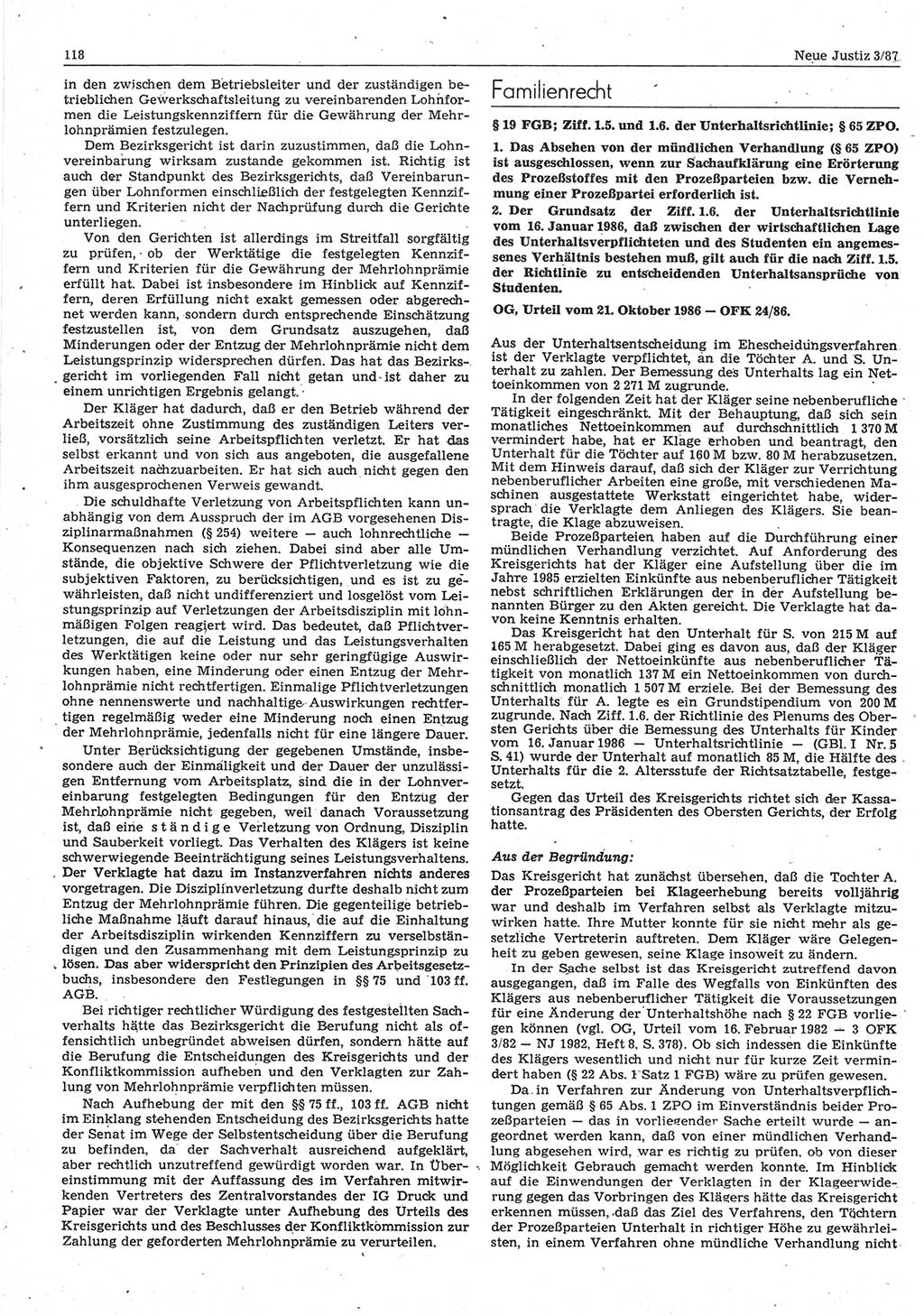 Neue Justiz (NJ), Zeitschrift für sozialistisches Recht und Gesetzlichkeit [Deutsche Demokratische Republik (DDR)], 41. Jahrgang 1987, Seite 118 (NJ DDR 1987, S. 118)