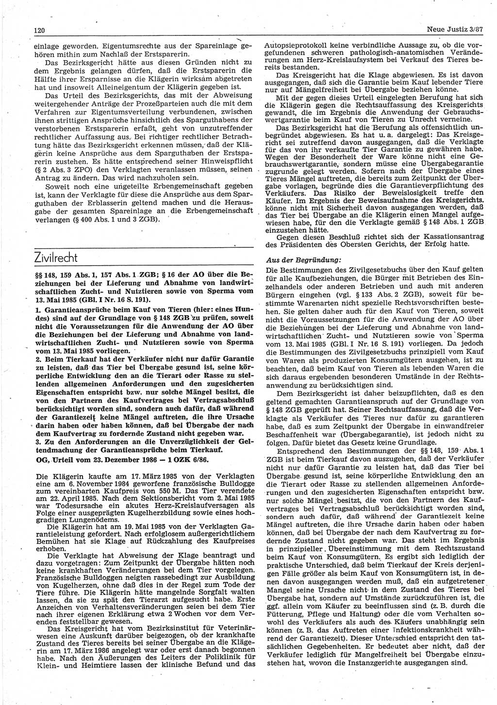 Neue Justiz (NJ), Zeitschrift für sozialistisches Recht und Gesetzlichkeit [Deutsche Demokratische Republik (DDR)], 41. Jahrgang 1987, Seite 120 (NJ DDR 1987, S. 120)