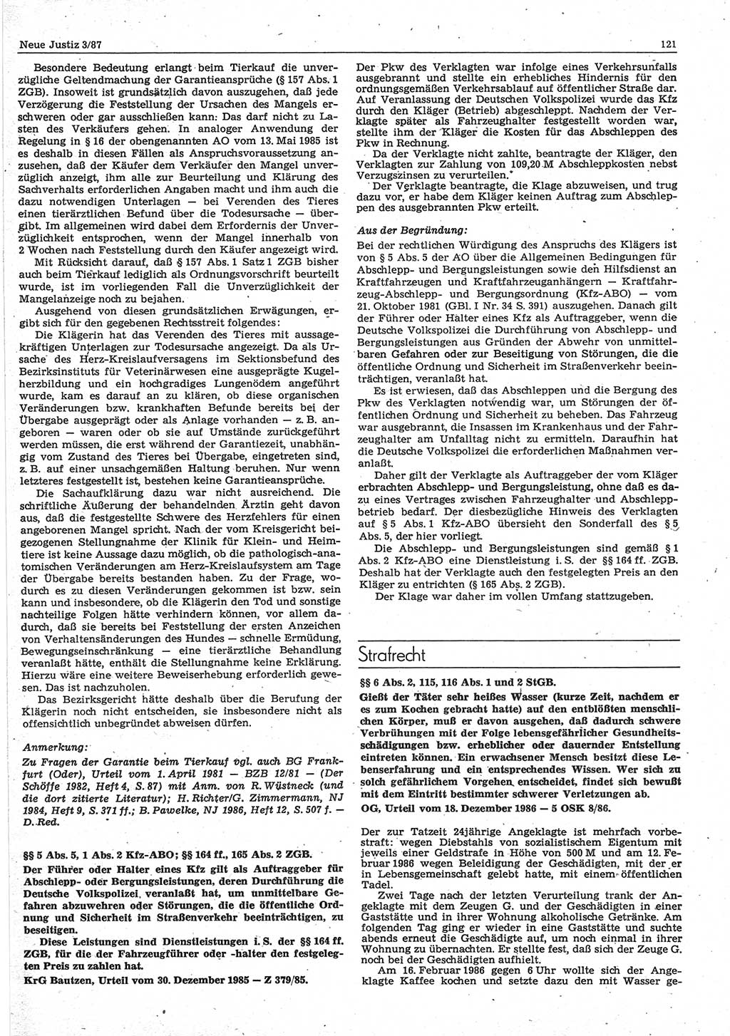 Neue Justiz (NJ), Zeitschrift für sozialistisches Recht und Gesetzlichkeit [Deutsche Demokratische Republik (DDR)], 41. Jahrgang 1987, Seite 121 (NJ DDR 1987, S. 121)