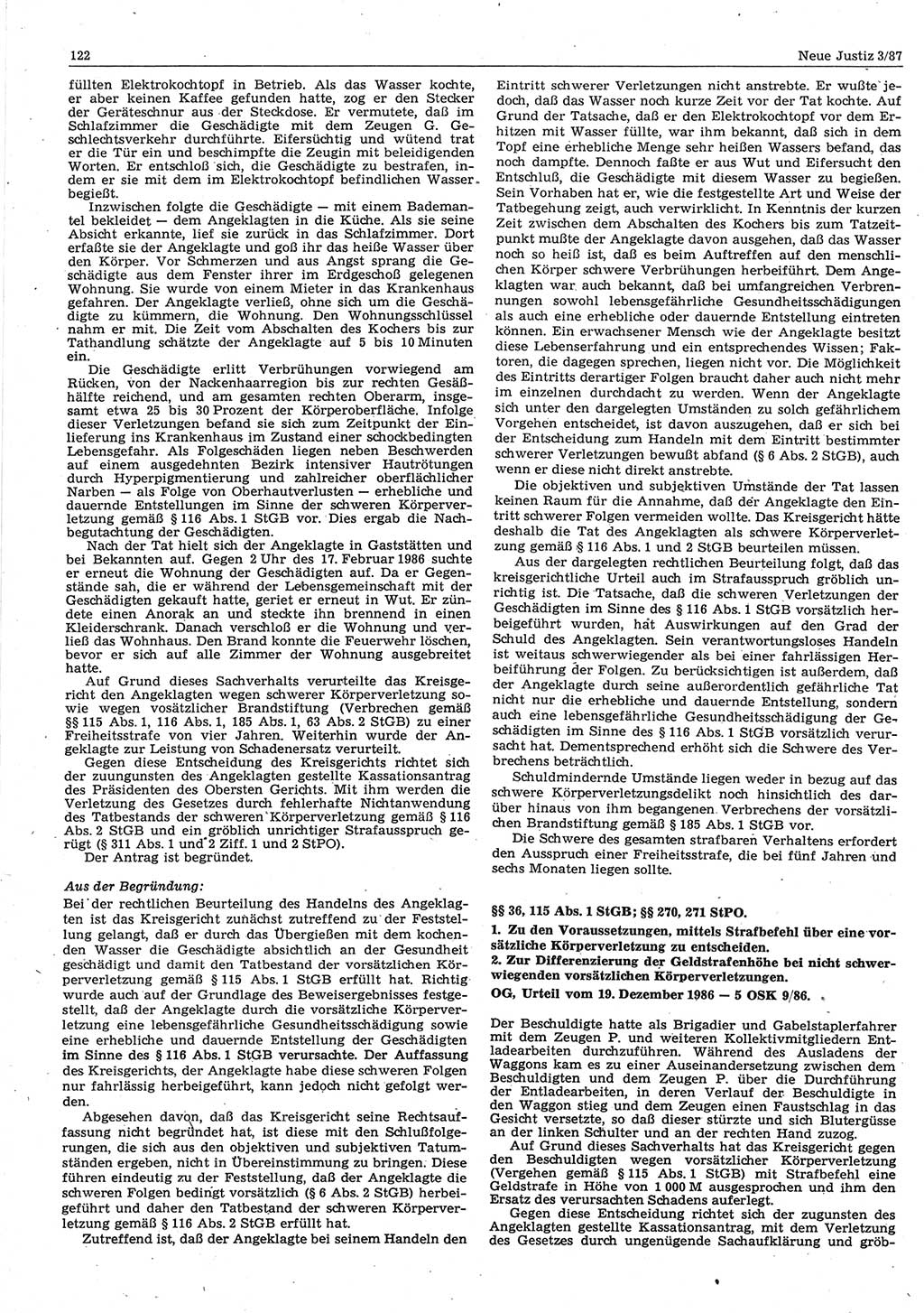 Neue Justiz (NJ), Zeitschrift für sozialistisches Recht und Gesetzlichkeit [Deutsche Demokratische Republik (DDR)], 41. Jahrgang 1987, Seite 122 (NJ DDR 1987, S. 122)