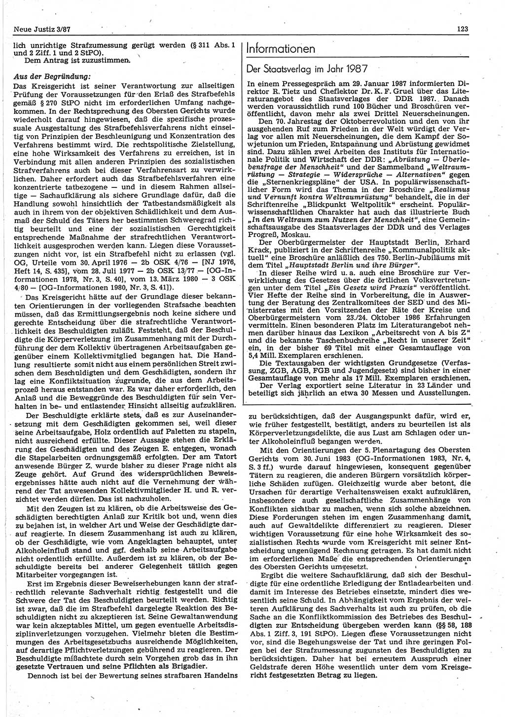 Neue Justiz (NJ), Zeitschrift für sozialistisches Recht und Gesetzlichkeit [Deutsche Demokratische Republik (DDR)], 41. Jahrgang 1987, Seite 123 (NJ DDR 1987, S. 123)
