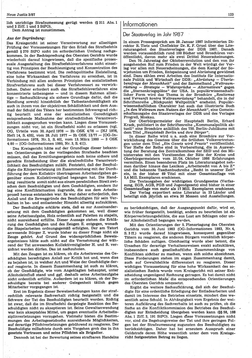 Neue Justiz (NJ), Zeitschrift für sozialistisches Recht und Gesetzlichkeit [Deutsche Demokratische Republik (DDR)], 41. Jahrgang 1987, Seite 123 (NJ DDR 1987, S. 123)
