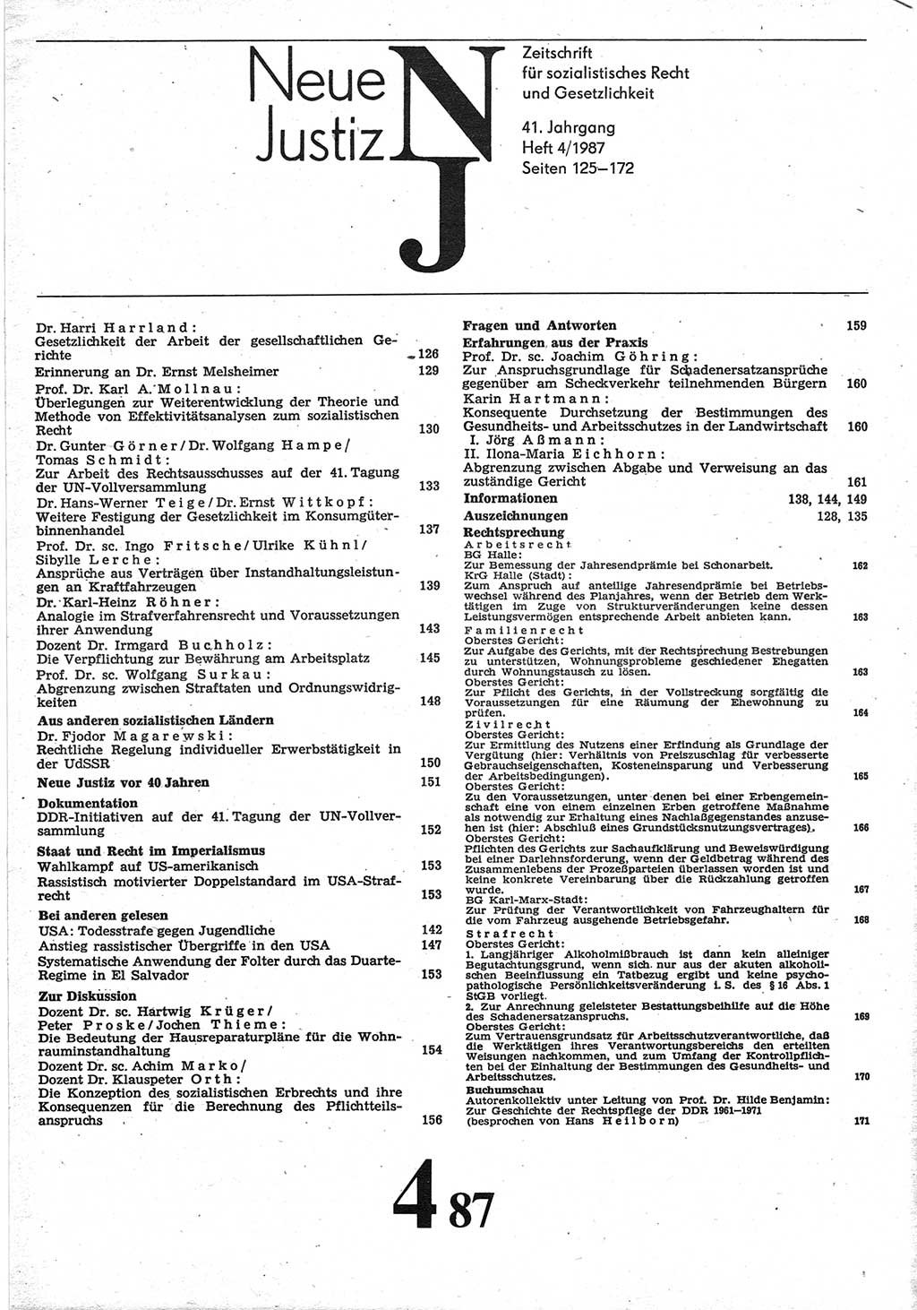 Neue Justiz (NJ), Zeitschrift für sozialistisches Recht und Gesetzlichkeit [Deutsche Demokratische Republik (DDR)], 41. Jahrgang 1987, Seite 125 (NJ DDR 1987, S. 125)