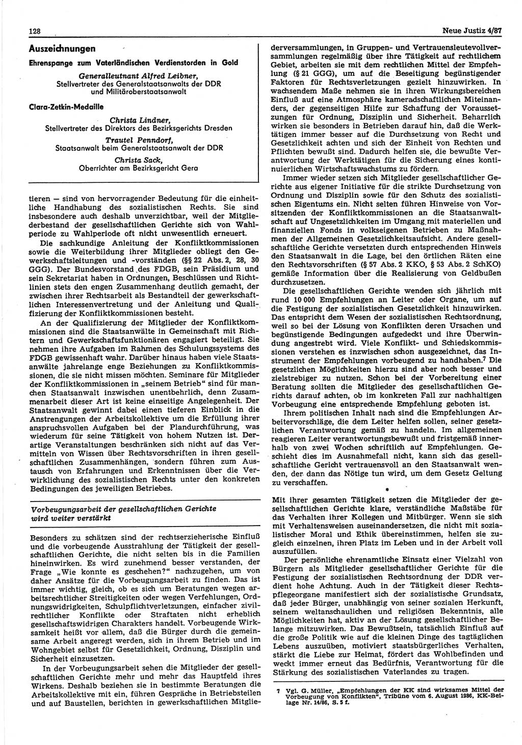 Neue Justiz (NJ), Zeitschrift für sozialistisches Recht und Gesetzlichkeit [Deutsche Demokratische Republik (DDR)], 41. Jahrgang 1987, Seite 128 (NJ DDR 1987, S. 128)