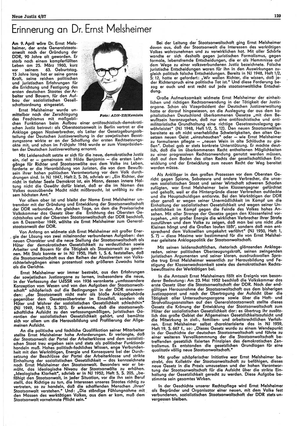 Neue Justiz (NJ), Zeitschrift für sozialistisches Recht und Gesetzlichkeit [Deutsche Demokratische Republik (DDR)], 41. Jahrgang 1987, Seite 129 (NJ DDR 1987, S. 129)