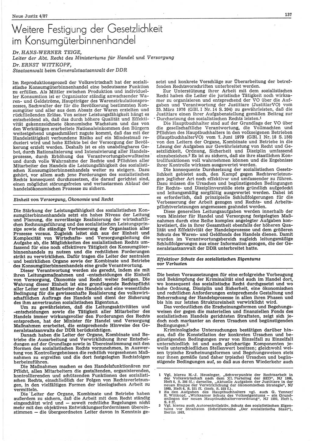 Neue Justiz (NJ), Zeitschrift für sozialistisches Recht und Gesetzlichkeit [Deutsche Demokratische Republik (DDR)], 41. Jahrgang 1987, Seite 137 (NJ DDR 1987, S. 137)