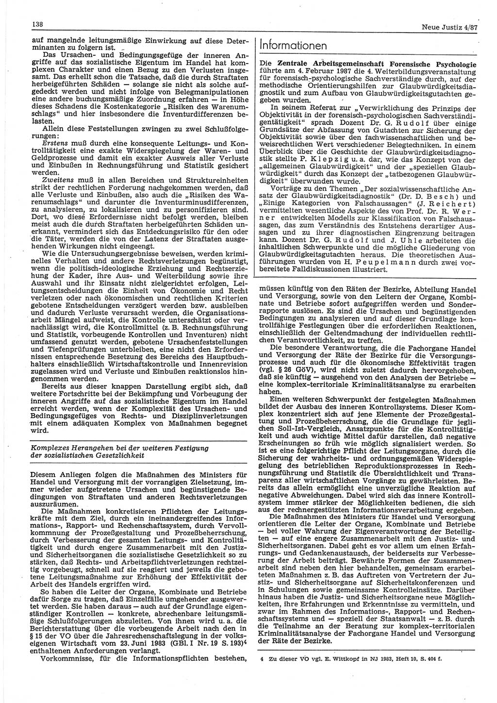 Neue Justiz (NJ), Zeitschrift für sozialistisches Recht und Gesetzlichkeit [Deutsche Demokratische Republik (DDR)], 41. Jahrgang 1987, Seite 138 (NJ DDR 1987, S. 138)
