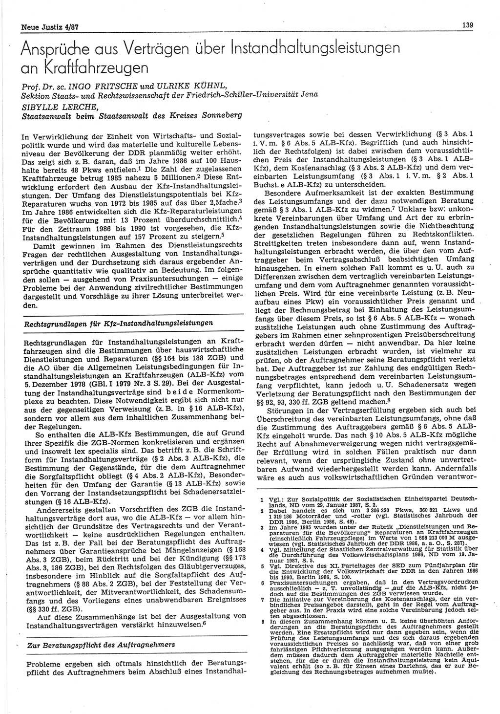 Neue Justiz (NJ), Zeitschrift für sozialistisches Recht und Gesetzlichkeit [Deutsche Demokratische Republik (DDR)], 41. Jahrgang 1987, Seite 139 (NJ DDR 1987, S. 139)