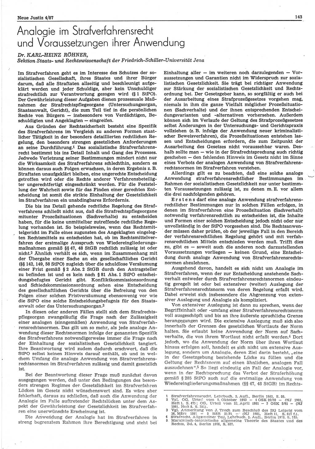 Neue Justiz (NJ), Zeitschrift für sozialistisches Recht und Gesetzlichkeit [Deutsche Demokratische Republik (DDR)], 41. Jahrgang 1987, Seite 143 (NJ DDR 1987, S. 143)
