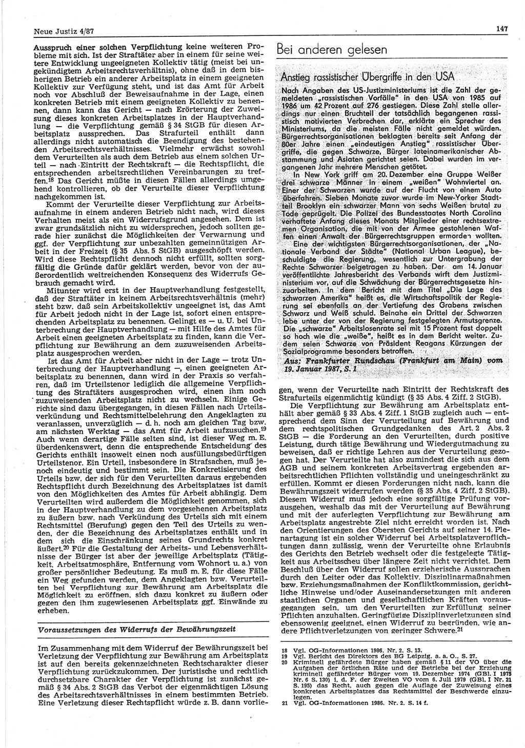 Neue Justiz (NJ), Zeitschrift für sozialistisches Recht und Gesetzlichkeit [Deutsche Demokratische Republik (DDR)], 41. Jahrgang 1987, Seite 147 (NJ DDR 1987, S. 147)