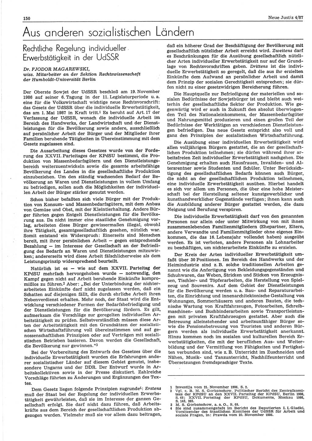 Neue Justiz (NJ), Zeitschrift für sozialistisches Recht und Gesetzlichkeit [Deutsche Demokratische Republik (DDR)], 41. Jahrgang 1987, Seite 150 (NJ DDR 1987, S. 150)