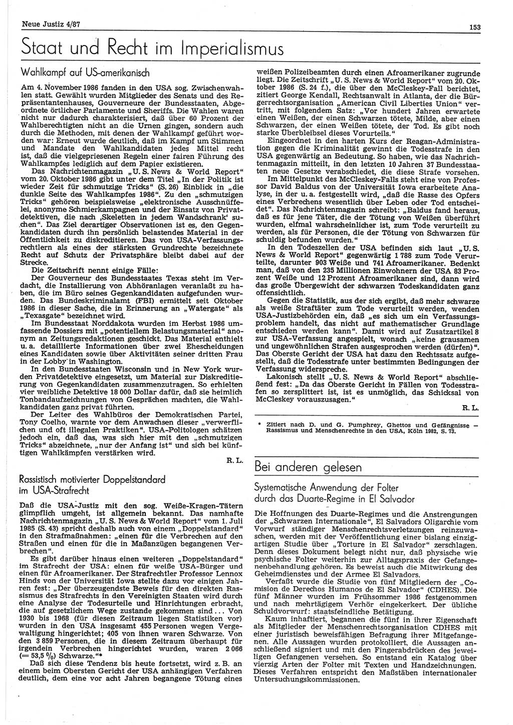 Neue Justiz (NJ), Zeitschrift für sozialistisches Recht und Gesetzlichkeit [Deutsche Demokratische Republik (DDR)], 41. Jahrgang 1987, Seite 153 (NJ DDR 1987, S. 153)