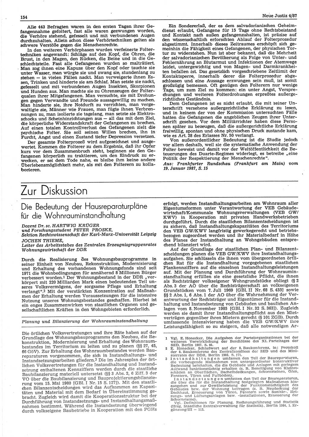 Neue Justiz (NJ), Zeitschrift für sozialistisches Recht und Gesetzlichkeit [Deutsche Demokratische Republik (DDR)], 41. Jahrgang 1987, Seite 154 (NJ DDR 1987, S. 154)