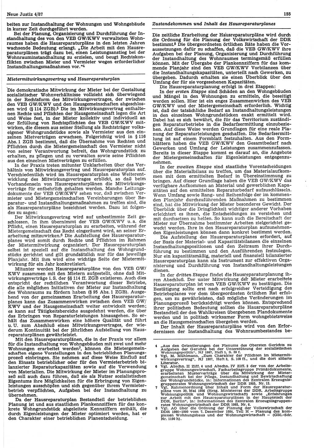 Neue Justiz (NJ), Zeitschrift für sozialistisches Recht und Gesetzlichkeit [Deutsche Demokratische Republik (DDR)], 41. Jahrgang 1987, Seite 155 (NJ DDR 1987, S. 155)