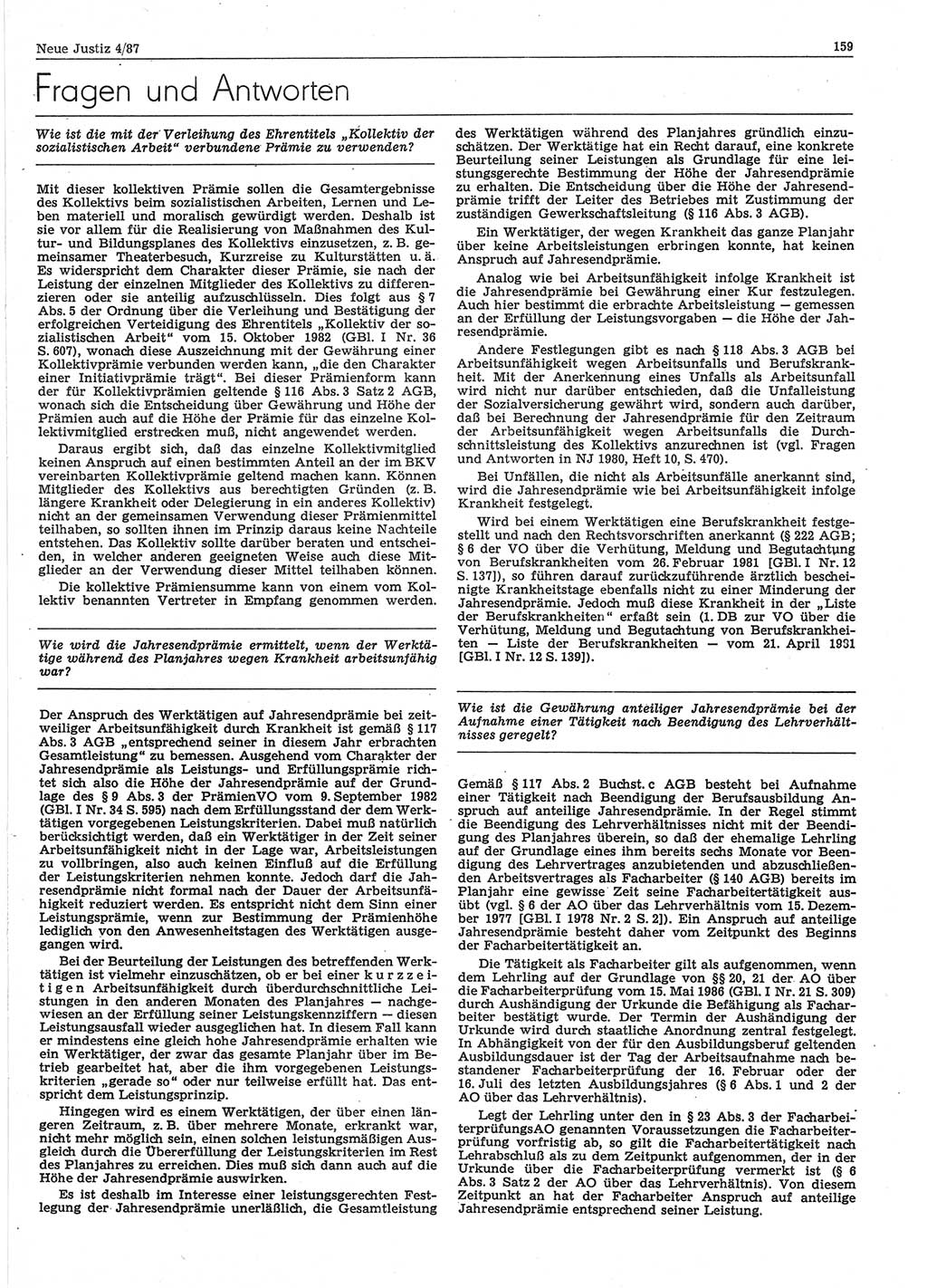 Neue Justiz (NJ), Zeitschrift für sozialistisches Recht und Gesetzlichkeit [Deutsche Demokratische Republik (DDR)], 41. Jahrgang 1987, Seite 159 (NJ DDR 1987, S. 159)