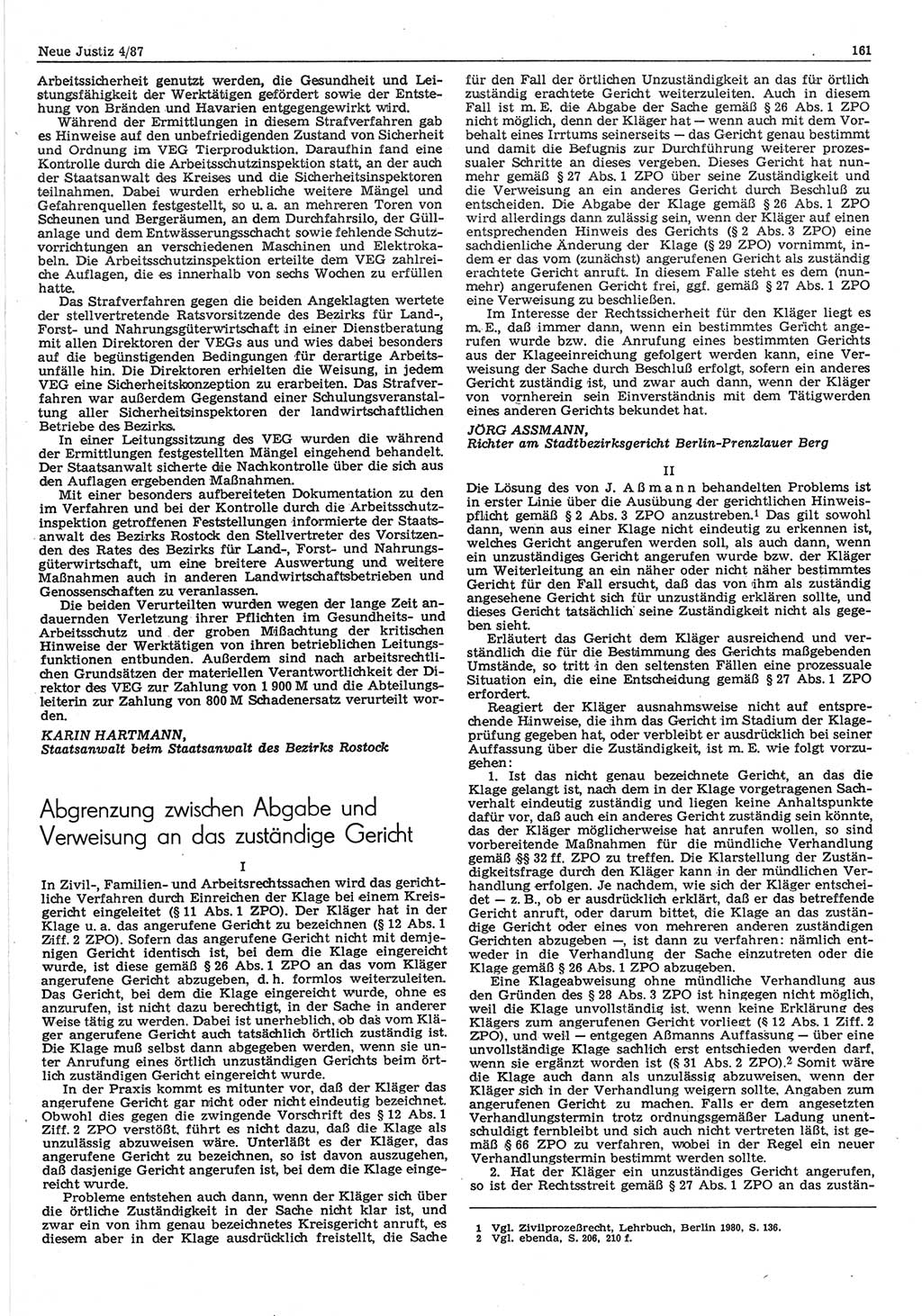 Neue Justiz (NJ), Zeitschrift für sozialistisches Recht und Gesetzlichkeit [Deutsche Demokratische Republik (DDR)], 41. Jahrgang 1987, Seite 161 (NJ DDR 1987, S. 161)