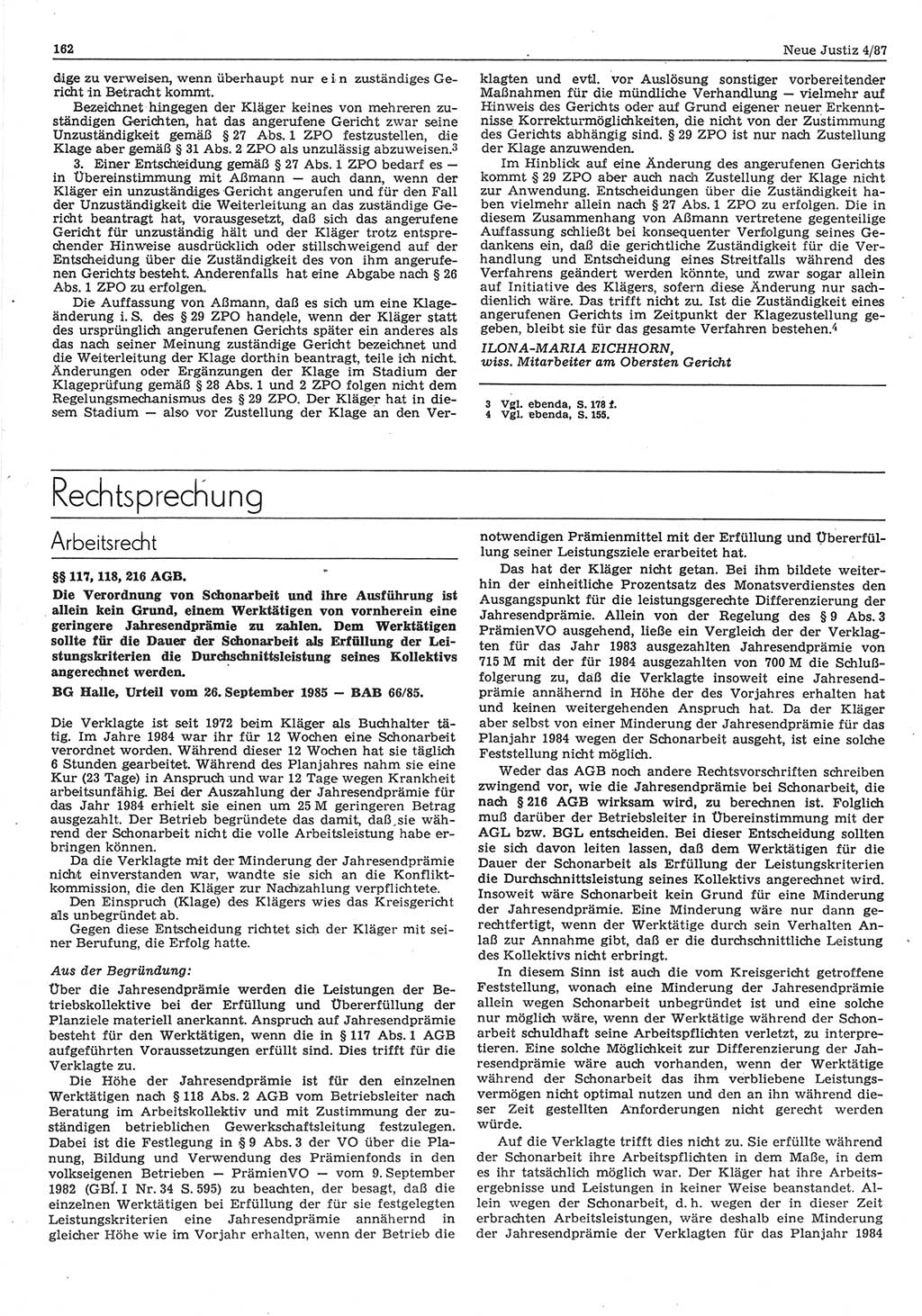 Neue Justiz (NJ), Zeitschrift für sozialistisches Recht und Gesetzlichkeit [Deutsche Demokratische Republik (DDR)], 41. Jahrgang 1987, Seite 162 (NJ DDR 1987, S. 162)