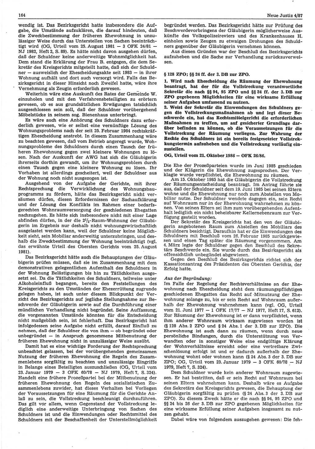 Neue Justiz (NJ), Zeitschrift für sozialistisches Recht und Gesetzlichkeit [Deutsche Demokratische Republik (DDR)], 41. Jahrgang 1987, Seite 164 (NJ DDR 1987, S. 164)