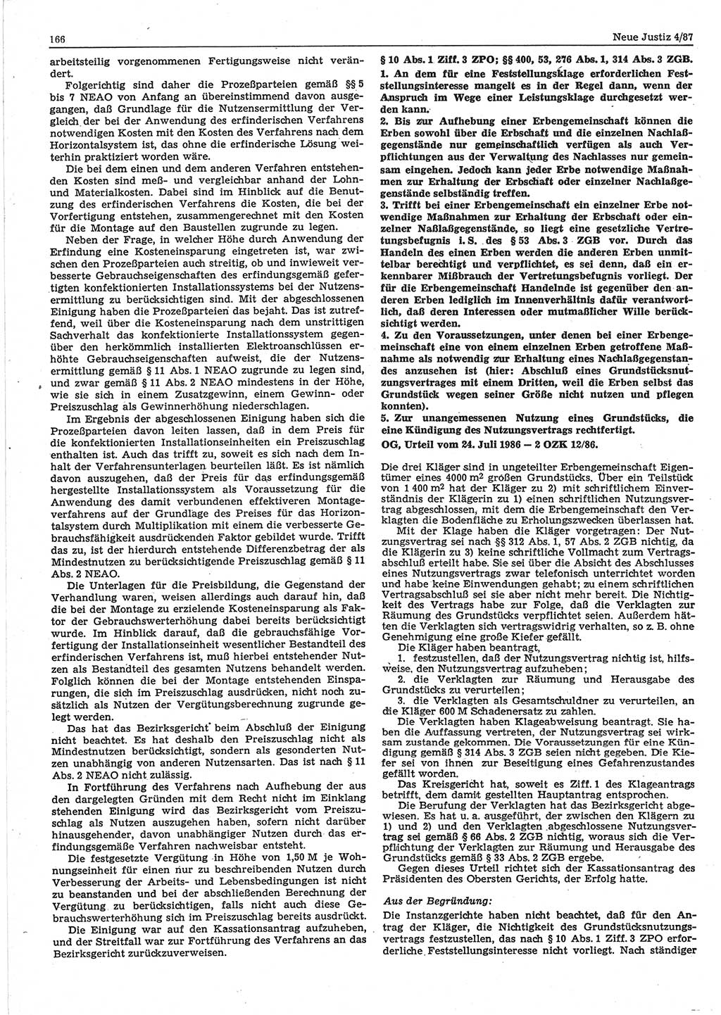 Neue Justiz (NJ), Zeitschrift für sozialistisches Recht und Gesetzlichkeit [Deutsche Demokratische Republik (DDR)], 41. Jahrgang 1987, Seite 166 (NJ DDR 1987, S. 166)