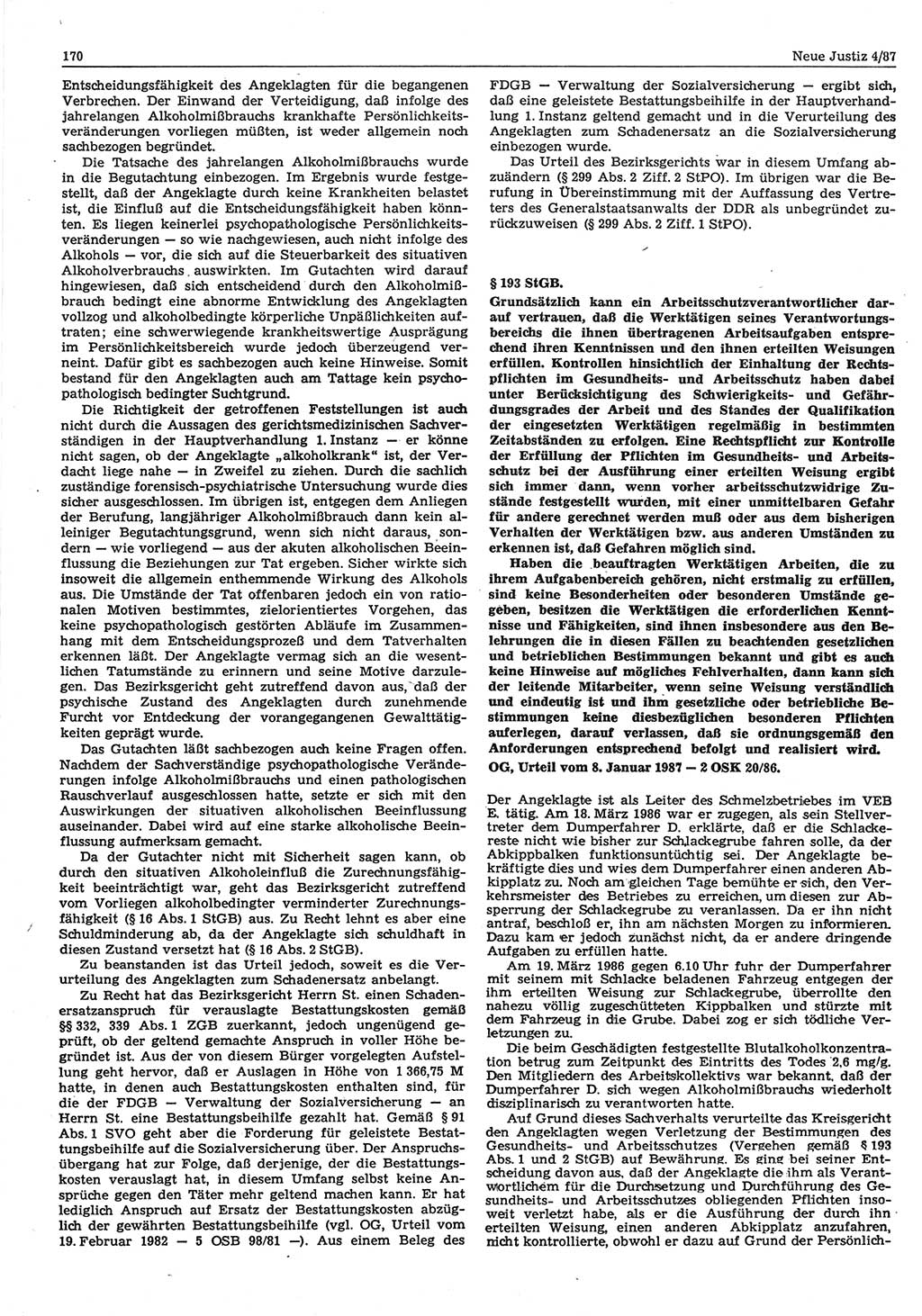 Neue Justiz (NJ), Zeitschrift für sozialistisches Recht und Gesetzlichkeit [Deutsche Demokratische Republik (DDR)], 41. Jahrgang 1987, Seite 170 (NJ DDR 1987, S. 170)