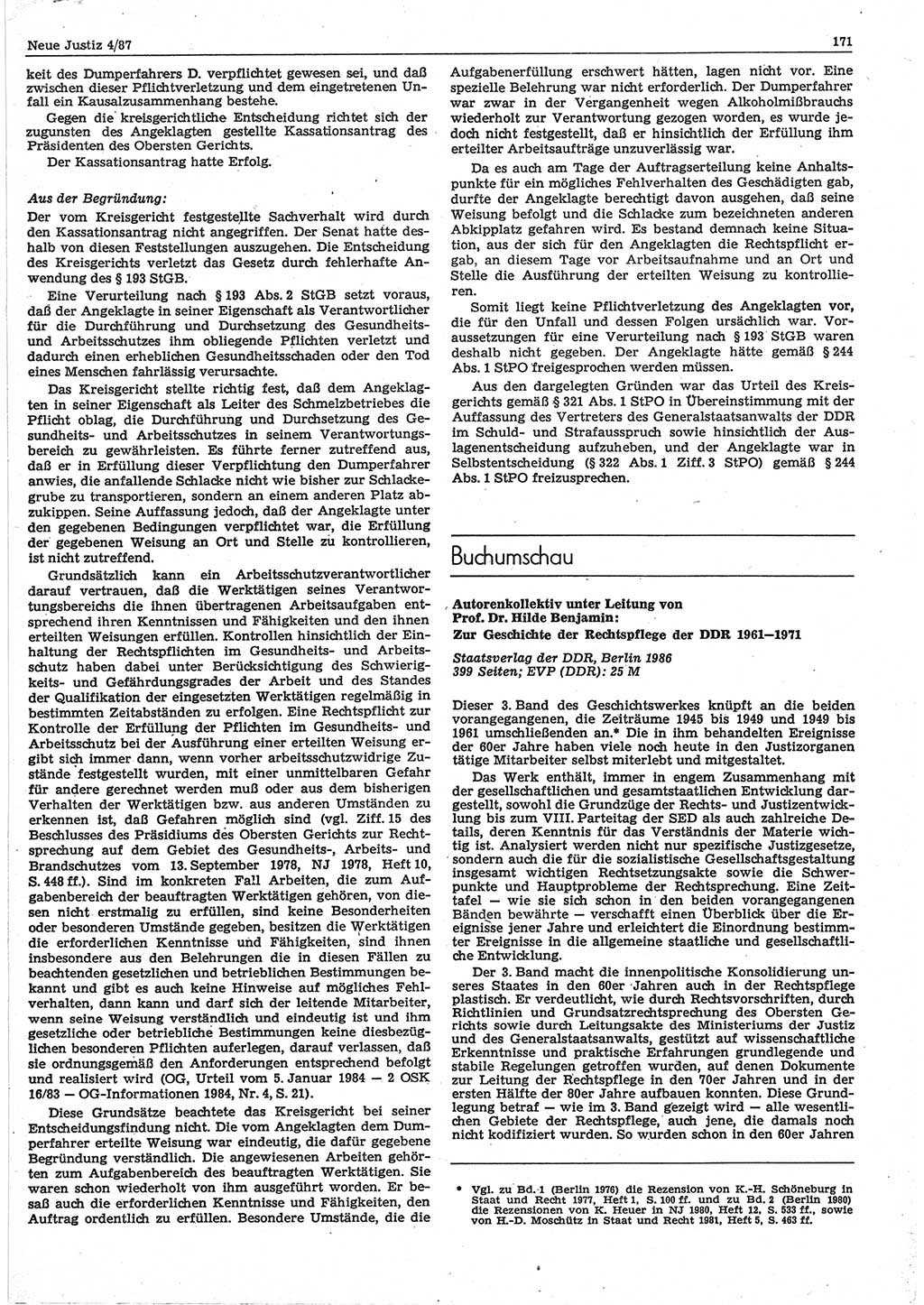 Neue Justiz (NJ), Zeitschrift für sozialistisches Recht und Gesetzlichkeit [Deutsche Demokratische Republik (DDR)], 41. Jahrgang 1987, Seite 171 (NJ DDR 1987, S. 171)