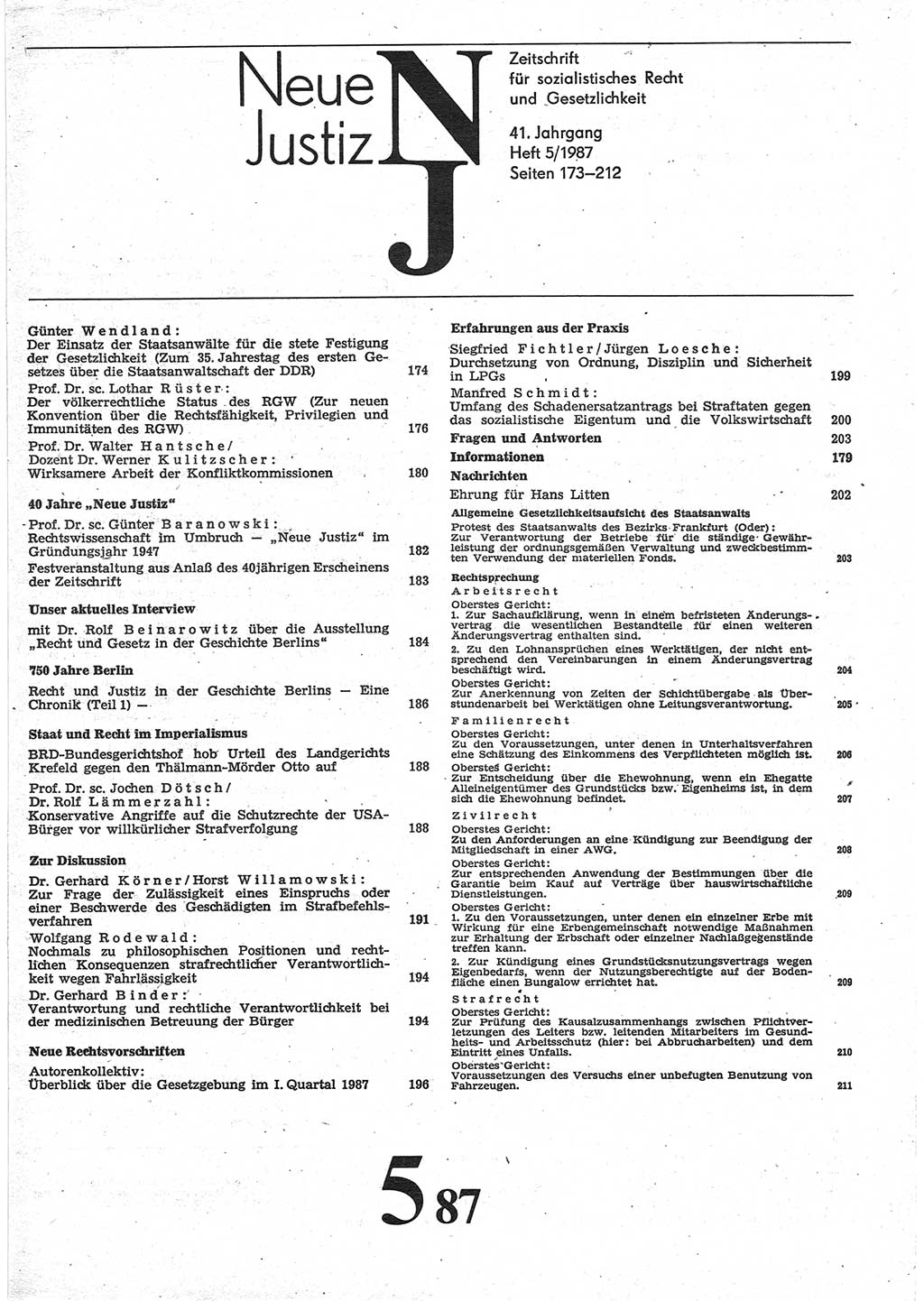 Neue Justiz (NJ), Zeitschrift für sozialistisches Recht und Gesetzlichkeit [Deutsche Demokratische Republik (DDR)], 41. Jahrgang 1987, Seite 173 (NJ DDR 1987, S. 173)