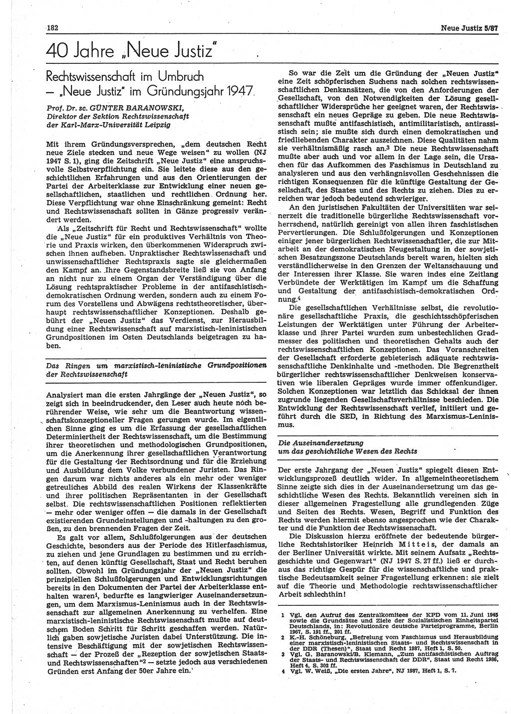 Neue Justiz (NJ), Zeitschrift für sozialistisches Recht und Gesetzlichkeit [Deutsche Demokratische Republik (DDR)], 41. Jahrgang 1987, Seite 182 (NJ DDR 1987, S. 182)