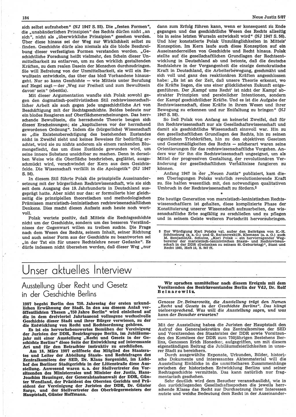 Neue Justiz (NJ), Zeitschrift für sozialistisches Recht und Gesetzlichkeit [Deutsche Demokratische Republik (DDR)], 41. Jahrgang 1987, Seite 184 (NJ DDR 1987, S. 184)